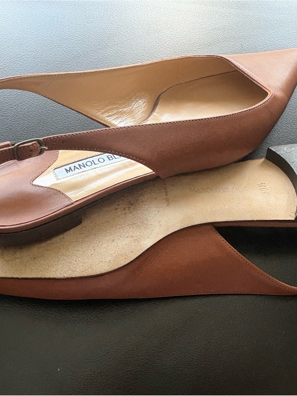 Manolo Blahnik Brown Leather Pointed Slingback Flats - Picture 5 of 5